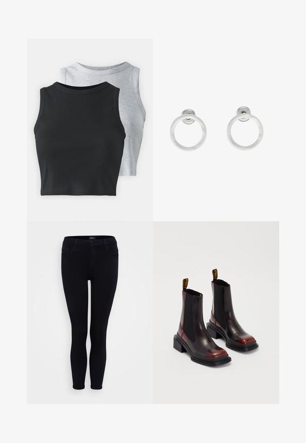 Even&Odd Petite 2 PACK - Top - light grey/black; ONLY Petite ONLRAIN - Uske traperice - black denim; Dr. Martens MAYBOLE CHELSEA - Gležnjače s platformom - black/cherry red; Srebrne metalne naušnice u obliku prstena s brušenom teksturom, s kružnim dizajnom i prozirnom vrstom kopče za sigurno nošenje.