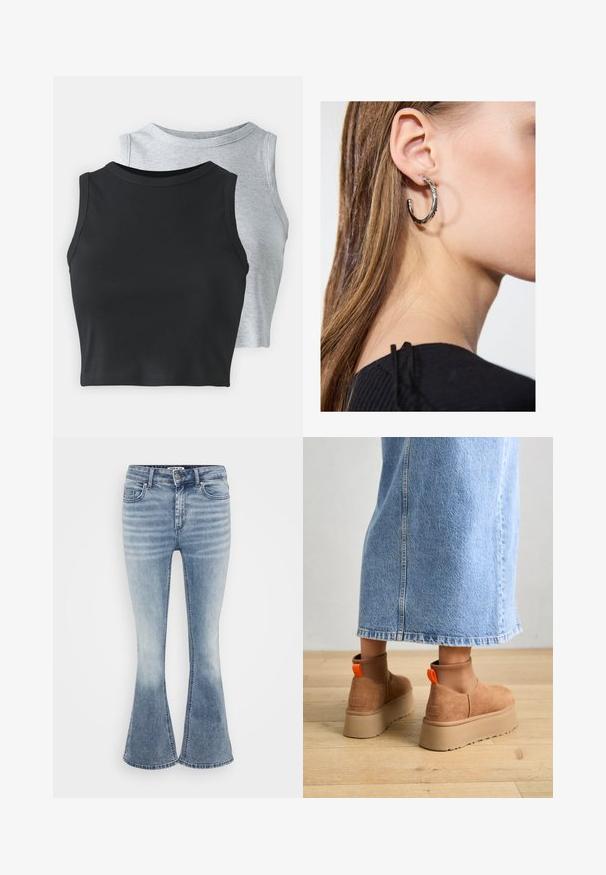 Even&Odd Petite 2 PACK - Top - light grey/black; Hellblaue, ausgestellte Jeans aus Denim mit klassischem Fünf-Taschen-Design, Reißverschluss vorne und dezentem Verblassen entlang der Oberschenkel.; Braune Wildleder-Plateau-Stiefel mit elastischen Seitenpaneelen und orangen Zuglaschen, kombiniert mit einem knielangen hellen Jeansrock auf einem Holzboden.; Silberne Creolen mit polierter Oberfläche, die kleine goldene Akzentdetails und eine runde Form aufweisen, am Ohrläppchen getragen.