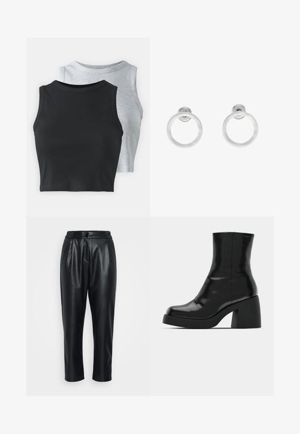 Even&Odd Petite 2 PACK - Top - light grey/black; Čierne nohavice z umelej kože s uvoľneným strihom, so elastickým pásom, prednými záhybmi a skrátenou dĺžkou. Hladký, lesklý povrch.; Čierne členkové topánky s lesklým povrchom, štvorcovou špičkou a širokým blokovým opätkom. Dizajn sa vyznačuje bezšvovou siluetou a minimálnym brandingom.; Strieborné kovové náušnice vo forme kruhov s brúsenou textúrou, so zaobleným dizajnom a priehľadným zarážkou pre bezpečné nosenie.