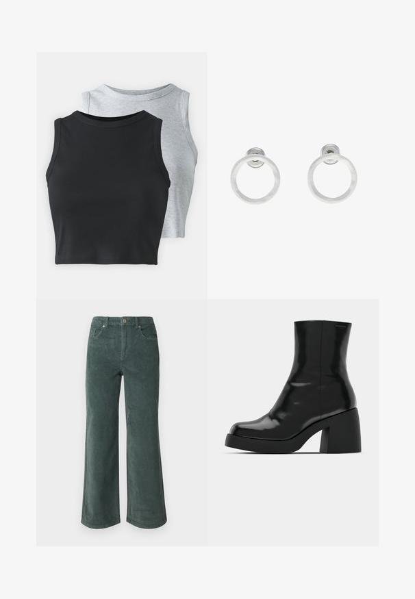 Even&Odd Petite 2 PACK - Tops - light grey/black; Vero Moda Petite VMTESSA PANTS - Auduma bikses - balsam green; Melnas potītes zābaku ar spīdīgu apdari, kvadrātveida pirkstu un biezu bloku papēdi. Dizainā ir bezšuvju siluets un minimāla zīmola identitāte.; Sudraba metāla gredzenveida auskari ar matētu faktūru, ar apaļu dizainu un caurspīdīgu aizdari, lai nodrošinātu drošu valkāšanu.
