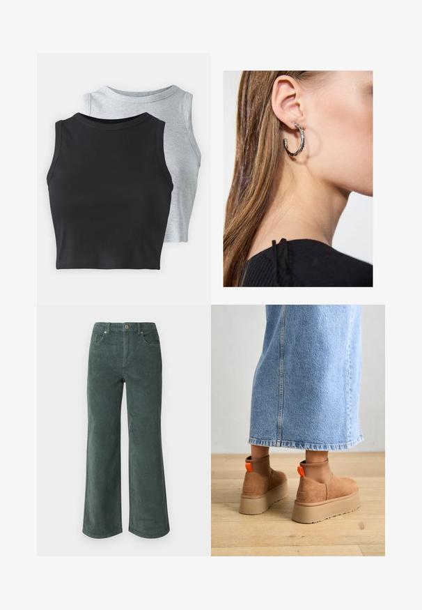 Even&Odd Petite 2 PACK - Tops - light grey/black; Vero Moda Petite VMTESSA PANTS - Auduma bikses - balsam green; Brūni zamšādas platforma zābaki ar elastīgiem sānu paneļiem un oranžām cilpām, apvienoti ar līdz ceļgaliem garu gaišā denima svārku uz koka grīdas.; Sudraba auskars ar pulētu apdari, ar maziem zelta akcentiem un apaļu formu, uz ausu ļipiņas.