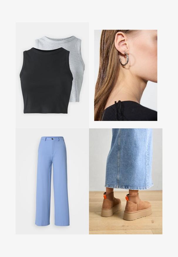 Even&Odd Petite 2 PACK - Top - light grey/black; Pantaloni largi de culoare albastru deschis, confecționați dintr-un material neted. Prezintă o închidere frontală cu nasture și bucle pentru curea, având un design croițat și linii curate.; Botine maro din suede cu platformă, cu panouri elastice pe laterale și mânere portocalii, asortate cu o fustă din denim deschis până la genunchi, pe un podea din lemn.; Cercel din argint cu un finisaj polișat, având detalii mici din aur și o formă rotundă, purtat pe lobul urechii.