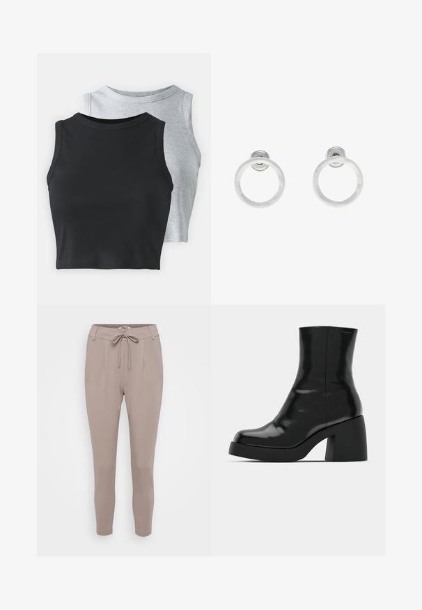 Even&Odd Petite 2 PACK - Top - light grey/black; Svetlo rjave, zožene hlače z elastičnim pasom in nabranimi detajli. Narejene iz gladkega, raztegljivega materiala za udobje in prileganje.; Črne gležnjarje z sijajno površino, kvadratnim nosom in debelim blokskim peto. Oblikovanje izstopa s brezšivno silhueto in minimalnim logotipiranjem.; Srebrni kovinski obročasti uhani z brušenjem, s krožno obliko in prozornim zatičem za varno nošenje.