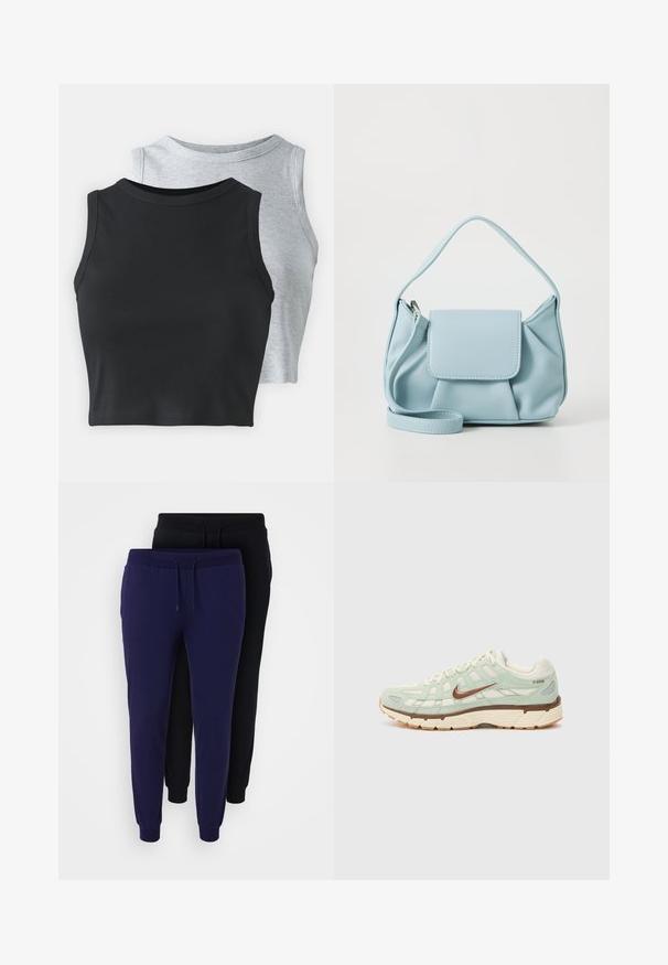 Even&Odd Petite 2 PACK - Top - light grey/black; Even&Odd Curvy 2 PACK - Jogginghose - black/blue; Leichtgrüner Sportschuh aus Mesh- und Wildledermaterialien, braunen Akzenten, beiger Sohle, strukturiertem Design und einem charakteristischen Logo an der Seite.; Hellblaues Lederhandtasche mit einem oberen Griff, einer vorderen Klappen-Tasche und einem abnehmbaren Handgelenkriemen auf einem weißen Hintergrund.; Silberne Metall-Hoops Ohrringe mit gebürsteter Oberfläche, die ein kreisförmiges Design aufweisen und mit einem klaren Steckverschluss für einen sicheren Halt ausgestattet sind.