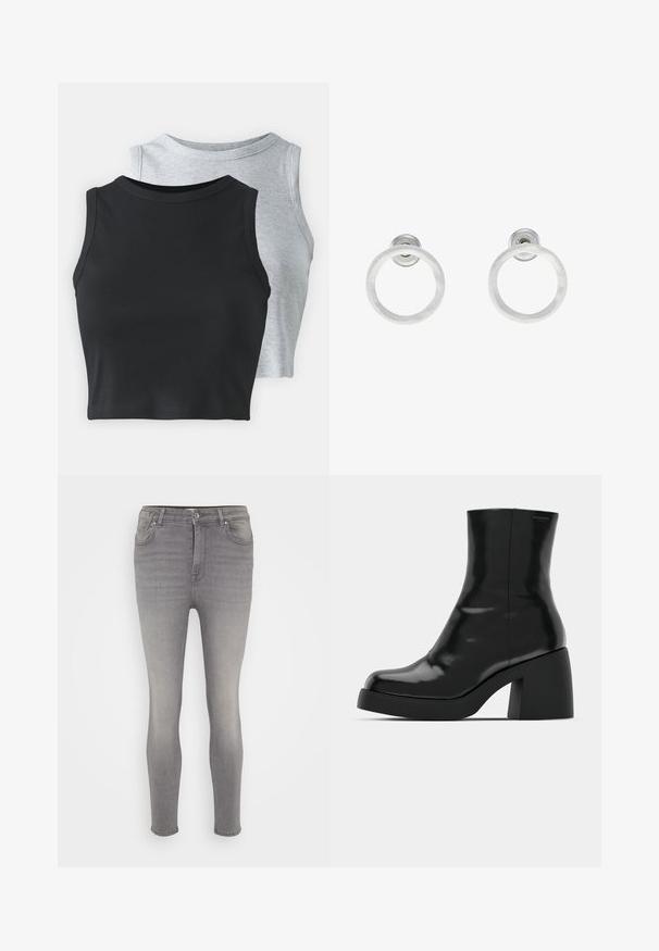 Even&Odd Petite 2 PACK - Tops - light grey/black; Pelēki džinsi ar slaidu piegriezumu, ar pogu aizdari, piecām kabatām un maziem izbalējumiem gar kājām. Gluda tekstūra, bez rakstiem.; Melnas potītes zābaku ar spīdīgu apdari, kvadrātveida pirkstu un biezu bloku papēdi. Dizainā ir bezšuvju siluets un minimāla zīmola identitāte.; Sudraba metāla gredzenveida auskari ar matētu faktūru, ar apaļu dizainu un caurspīdīgu aizdari, lai nodrošinātu drošu valkāšanu.