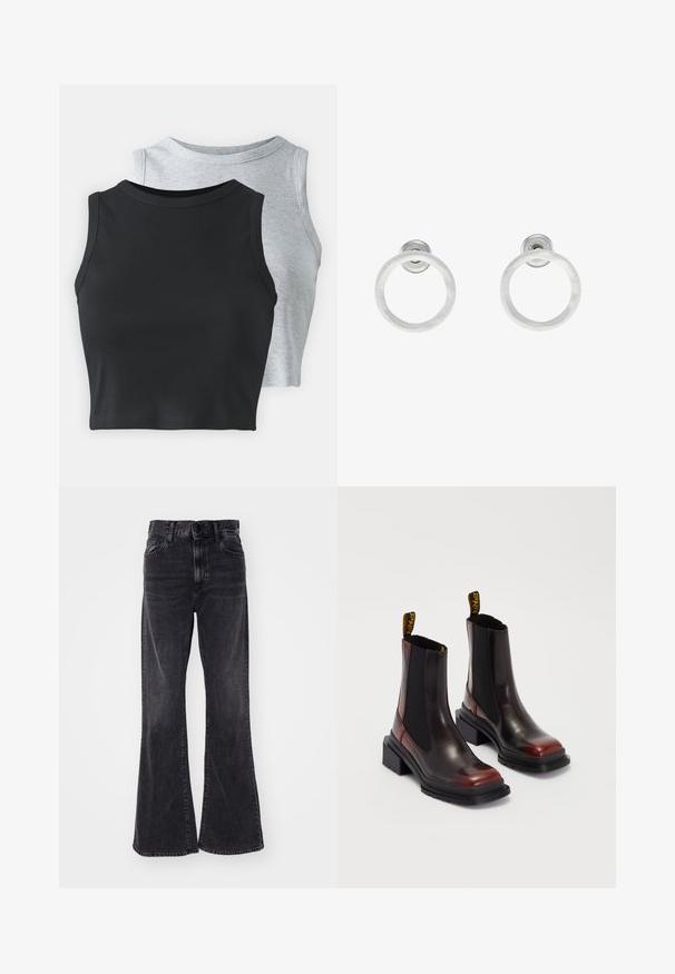 Even&Odd Petite 2 PACK - Viršus - light grey/black; Juoda džinsinė prailginta kelnių su aukšta juosmens linija, penkiomis kišenėmis ir subtiliu blukimu. Apačia yra šiek tiek nutrinta, kas prideda tekstūros.; Dr. Martens MAYBOLE CHELSEA - Aulinukai su platforma - black/cherry red; Sidabriniai metaliniai auskarai žiedų pavidalu su šveitimo tekstūra, turintys apvalų dizainą ir skaidrų laikiklį saugiam dėvėjimui.