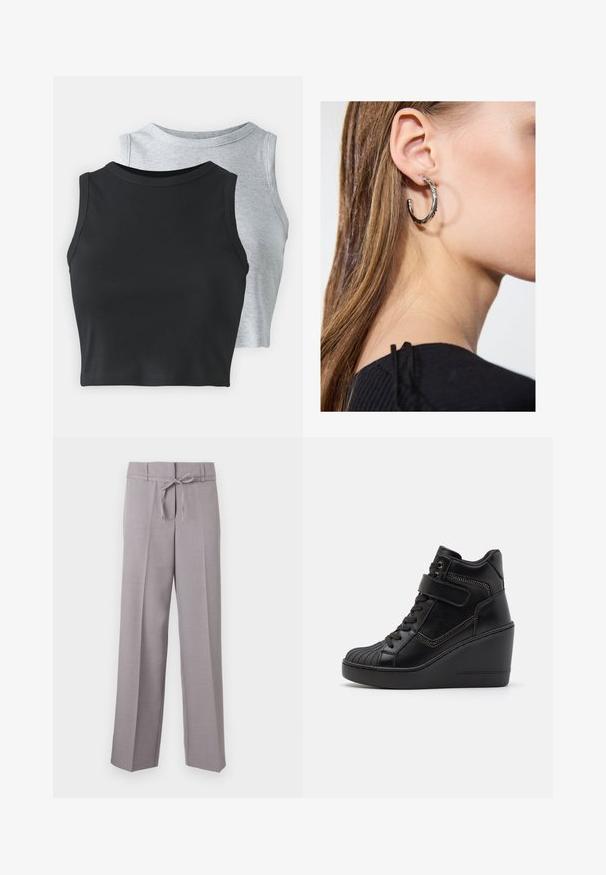 Even&Odd Petite 2 PACK - Débardeur - light grey/black; Pantalons larges gris clair en tissu doux, avec une taille à cordon et des plis marqués pour un ajustement structuré.; Baskets montantes à talon en cuir lisse, avec un laçage à l'avant, une sangle ajustable et des accents de zip décoratifs.; Boucle d'oreille en argent avec une finition polie, présentant de petits détails en or et de forme ronde, portée sur le lobe.