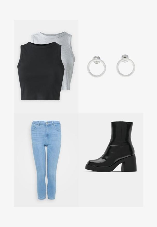 Even&Odd Petite 2 PACK - Top - light grey/black; Jeans de denim azul claro com um corte slim, design de cinco bolsos, cintura média e comprimento ligeiramente cortado a nível do tornozelo.; Botas de tornozelo pretas com um acabamento brilhante, bico quadrado e um salto bloco grosso. O design apresenta uma silhueta sem costuras e uma marcação mínima.; Brincos de argola em metal prateado com textura escovada, apresentando um design circular e um fecho transparente para um uso seguro.