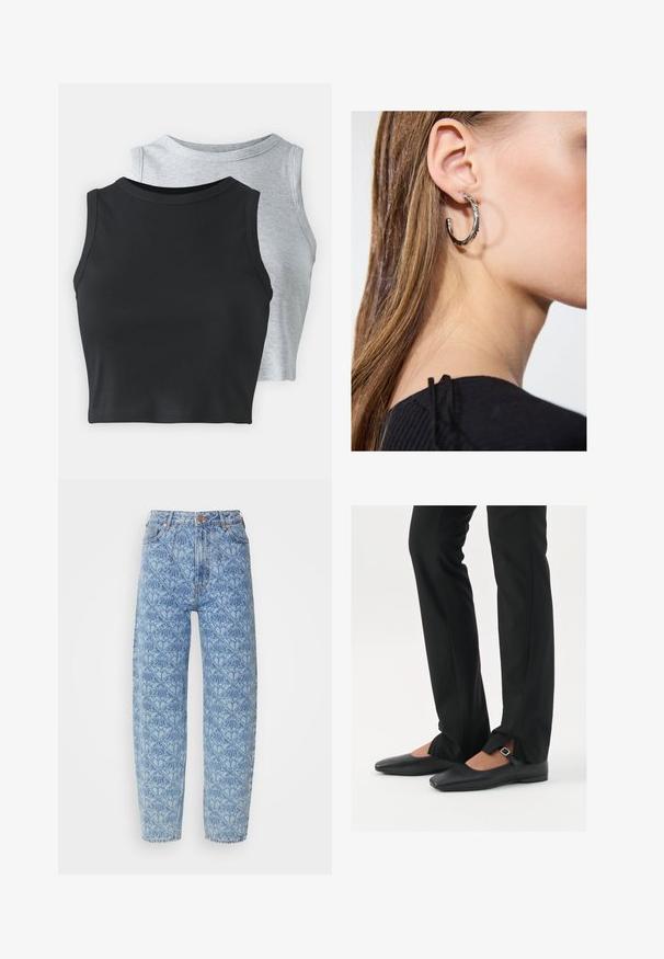 Even&Odd Petite 2 PACK - Top - light grey/black; Svetlo modré vysoké nohavice s geometrickým vzorom, rovný strih, šité detaily a akcenty v mosadznej farbe.; Čierne kožené baletky s špicatou špičkou, remienkom so striebornou prackou, skombinované s čiernymi strihovými nohavicami so rozparkom na leme.; Strieborná kruhová náušnica s lesklým povrchom, obsahujúca malé zlaté akcenty a okrúhly tvar, nosená na lalôčiku ucha.