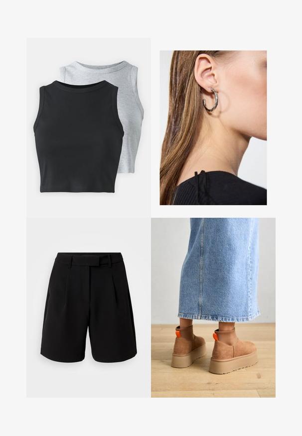 Even&Odd Petite 2 PACK - Viršus - light grey/black; Juoda pritaikyta šortai, pagaminti iš lygios medžiagos, turintys aukštą juosmenį, klostes, diržo kilpas ir šonines kišenes, su tvarkinga išvaizda.; Rudos zomšiniai platforminiai batai su elastingomis šoniniais panirais ir oranžinėmis kilpomis, derinami su kelio ilgio šviesių džinsų sijonu ant medinių grindų.; Sidabrinė lankinė auskarai su poliruotu paviršiumi, turintys mažus auksinius akcentus ir apvalią formą, dėvimi ant ausies kaušelio.