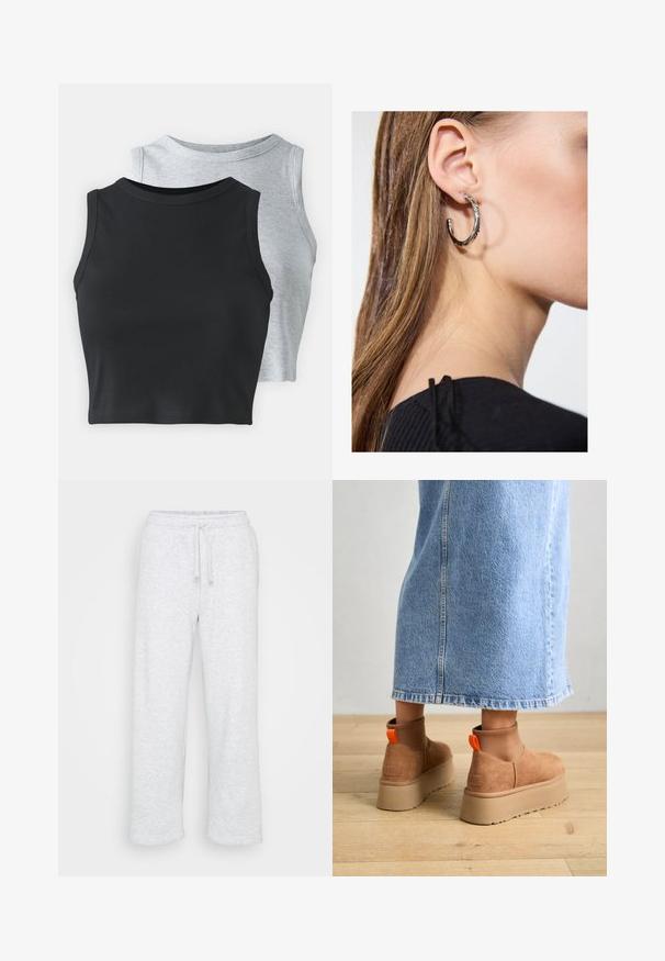Even&Odd Petite 2 PACK - Topper - light grey/black; Lys grå bomullssweatpants med elastisk midje og snøring, rett benkutt, ingen synlige logoer eller mønstre.; Brune semska plattformstøvler med elastiske sidepaneler og orange rekkehalser, parret med en knelange lys denimskjørt på et tregulv.; Sølv ringøredob med en polert finish, med små gull detaljer og en rund form, båret på øreflippen.