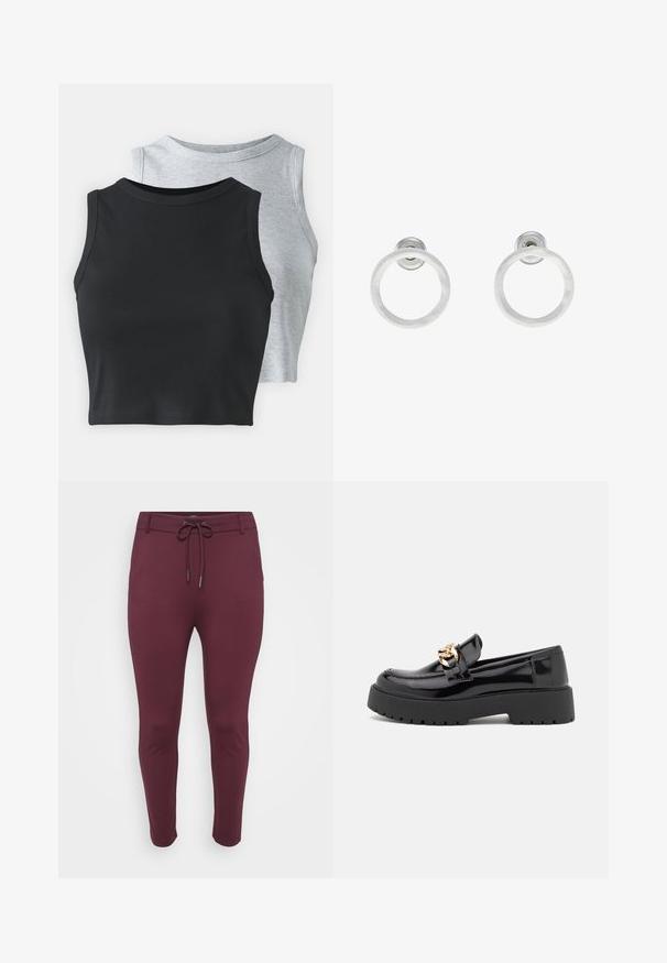 Even&Odd Petite 2 PACK - Topp - light grey/black; Burgundia, venitus pükste joon, millel on paelaga vöökoht, ettenähtud tiheda disainiga ja kitsenevad sääred, esitatud valge taustal.; Mustad musta läikiva nahaga loaferid, millel on jäme must tald ja kuldsed detailid. Sujuv tekstuur ja ümar varvaste disain.; Hõbedased metallist rõngastooted, millel on harjatud tekstuur, ümmargune disain ja selge tagumine post, tagamaks kindlat kandmist.