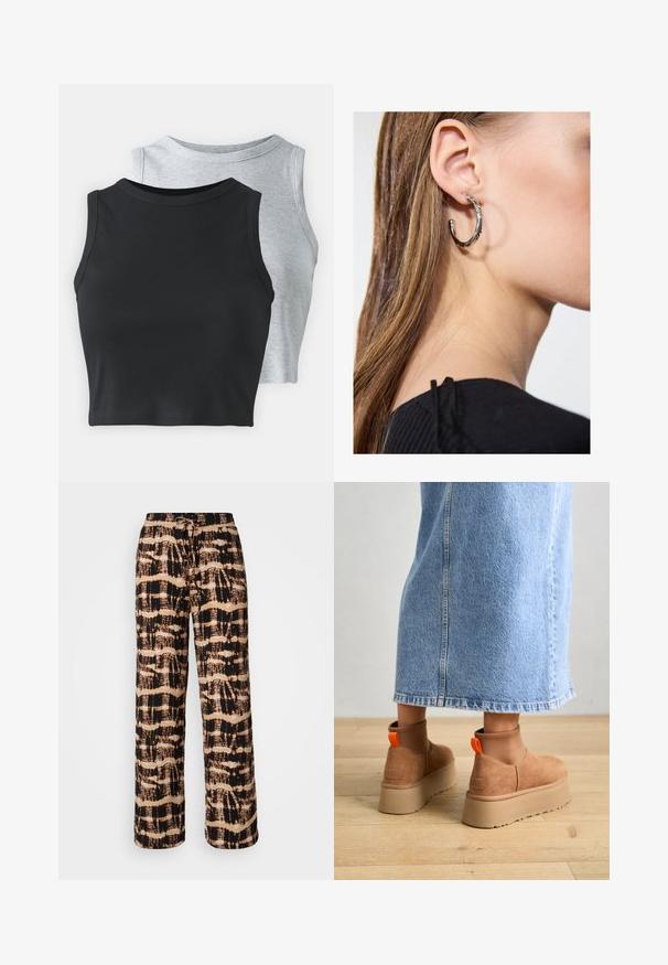 Even&Odd Petite 2 PACK - Top - light grey/black; ONLY Petite ONLHILLERY - Hlače - black/brown tie dye; Rjave suede platform čizme z elastičnimi stranskimi paneli in oranžnimi zankami, v kombinaciji s svetlobno denim krilom do kolen na lesenem tleh.; Srebrna obročasta uhana s polirano površino, ki vključuje majhne zlate poudarke in okroglo obliko, nošena na ušesnem lobu.