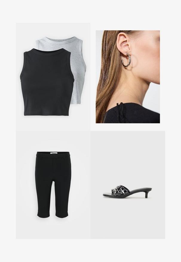 Even&Odd Petite 2 PACK - Tops - light grey/black; Melnas kapri bikses, izgatavotas no gludas auduma. Tām ir plakana priekšpuse ar jostas cilpiņām un īsāka apmale. Vienkāršs dizains bez redzamām rakstām.; Melnas piekļuves sandales ar vairākiem spīdīgiem siksniņām un metāliskām akcentiem, ar smailu purngalu un pieklājīgiem kitten papēžiem. Gluda tekstūra.; Sudraba auskars ar pulētu apdari, ar maziem zelta akcentiem un apaļu formu, uz ausu ļipiņas.