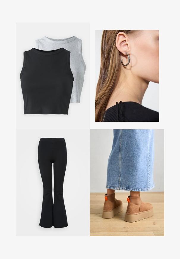 Even&Odd Petite 2 PACK - Top - light grey/black; Leggings pretos em tecido elástico. Apresentam uma cintura alta e uma textura suave. Terminam numa bainha ampla.; Botas plataforma em camurça castanha com painéis laterais elásticos e puxadores laranja, combinadas com uma saia de ganga clara até ao joelho, em um chão de madeira.; Brinco de argola prateada com acabamento polido, apresentando pequenos detalhes em dourado e uma forma redonda, usado na orelha.