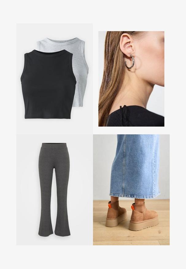 Even&Odd Petite 2 PACK - Top - light grey/black; Sive rebraste pletene hlače s flared oblikom in visokim pasom. Oblikovanje vsebuje teksturirane vertikalne črte in sproščen kroj na robu.; Rjave suede platform čizme z elastičnimi stranskimi paneli in oranžnimi zankami, v kombinaciji s svetlobno denim krilom do kolen na lesenem tleh.; Srebrna obročasta uhana s polirano površino, ki vključuje majhne zlate poudarke in okroglo obliko, nošena na ušesnem lobu.