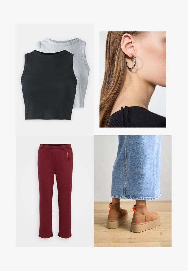 Even&Odd Petite 2 PACK - Top - light grey/black; Bordo trenirke z elastičnim pasom, gladko teksturo in subtilnim reflektivnim logotipom, natisnjenim na levem stegnu. Sproščen dizajn.; Rjave suede platform čizme z elastičnimi stranskimi paneli in oranžnimi zankami, v kombinaciji s svetlobno denim krilom do kolen na lesenem tleh.; Srebrna obročasta uhana s polirano površino, ki vključuje majhne zlate poudarke in okroglo obliko, nošena na ušesnem lobu.