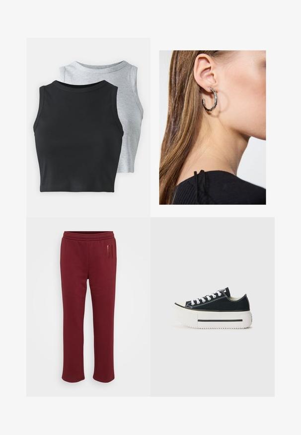 Even&Odd Petite 2 PACK - Linne - light grey/black; Burgundyfärgade sweatpants med elastisk midja, slät textur och en subtil reflexlogotyp tryckt på vänster lår. Avslappnad design.; Svarta kanvas sneakers med en vit gummisula, featuring en tjock plattform, vita snören och kontrasterande sömmar längs sömmarna.; Silverörhänge med polerad yta, med små detaljer i guld och rund form, bärs på loben.