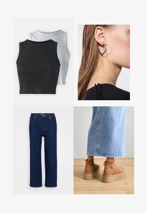 Even&Odd Petite 2 PACK - Top - light grey/black; Jeans de perna reta azul escuro com fecho de botão, bolsos frontais e traseiros e costura laranja visível ao longo das costuras.; Botas plataforma em camurça castanha com painéis laterais elásticos e puxadores laranja, combinadas com uma saia de ganga clara até ao joelho, em um chão de madeira.; Brinco de argola prateada com acabamento polido, apresentando pequenos detalhes em dourado e uma forma redonda, usado na orelha.