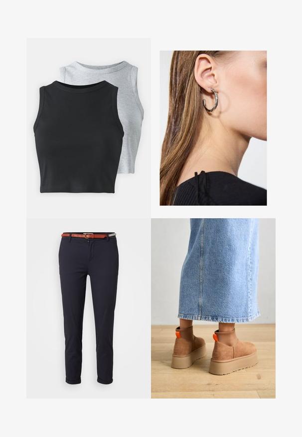 Even&Odd Petite 2 PACK - Top - light grey/black; Temno modre hlače ozkega kroja z manšetami in rjavim pasom z okroglo zlatno sponko. Narejene iz gladkega materiala.; Rjave suede platform čizme z elastičnimi stranskimi paneli in oranžnimi zankami, v kombinaciji s svetlobno denim krilom do kolen na lesenem tleh.; Srebrna obročasta uhana s polirano površino, ki vključuje majhne zlate poudarke in okroglo obliko, nošena na ušesnem lobu.