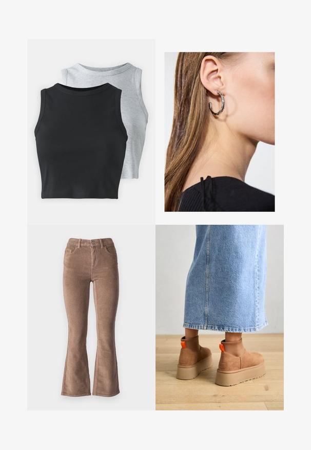 Even&Odd Petite 2 PACK - Débardeur - light grey/black; Pantalons évasés en velours côtelé marron avec une texture côtelée, présentant une taille haute, cinq poches et une fermeture à bouton à l'avant.; Bottes en suède brun à plateforme avec des panneaux latéraux élastiques et des languettes orange, associées à une jupe en denim clair arrivant au genou sur un sol en bois.; Boucle d'oreille en argent avec une finition polie, présentant de petits détails en or et de forme ronde, portée sur le lobe.