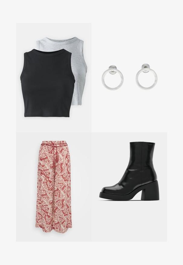 Even&Odd Petite 2 PACK - Top - light grey/black; Vero Moda Petite VMBALI WIDE PANTS  - Hlače - marsala; Črne gležnjarje z sijajno površino, kvadratnim nosom in debelim blokskim peto. Oblikovanje izstopa s brezšivno silhueto in minimalnim logotipiranjem.; Srebrni kovinski obročasti uhani z brušenjem, s krožno obliko in prozornim zatičem za varno nošenje.