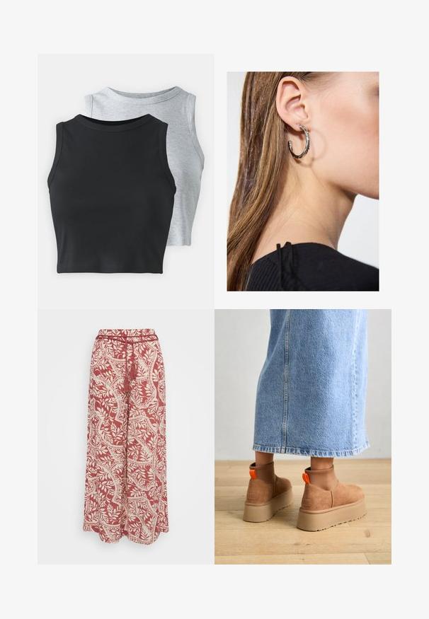 Even&Odd Petite 2 PACK - Top - light grey/black; Vero Moda Petite VMBALI WIDE PANTS - Trousers - marsala; Brown suede platform boots with elastic side panels and orange pull tabs, paired with a knee-length light denim skirt on a wooden floor.; Silver hoop earring with a polished finish, featuring small gold accent details and a round shape, worn on the lobe.