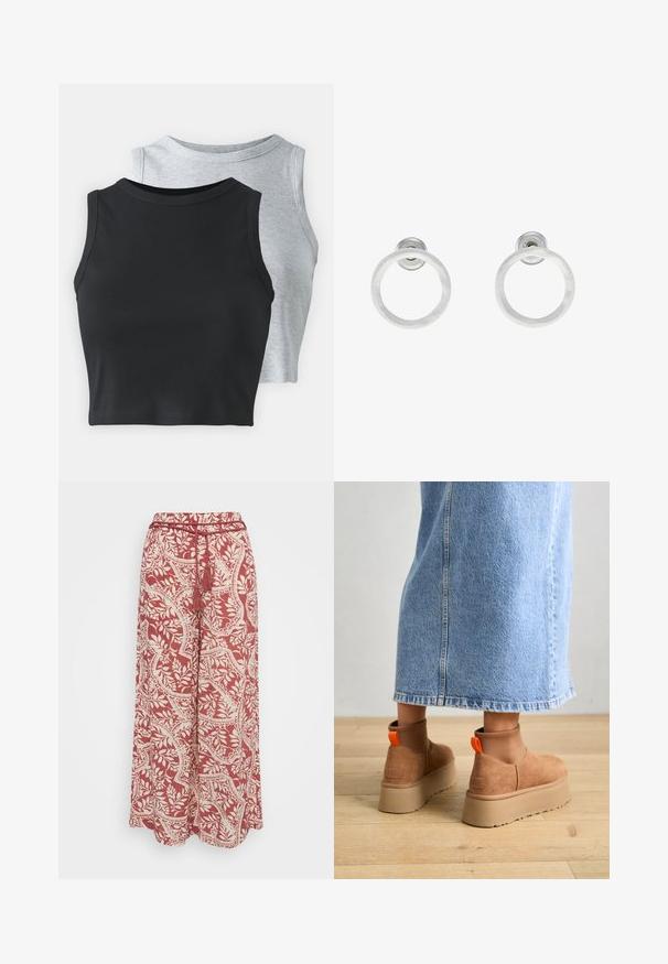 Even&Odd Petite 2 PACK - Viršus - light grey/black; Vero Moda Petite VMBALI WIDE PANTS - Kelnės - marsala; Rudos zomšiniai platforminiai batai su elastingomis šoniniais panirais ir oranžinėmis kilpomis, derinami su kelio ilgio šviesių džinsų sijonu ant medinių grindų.; Sidabriniai metaliniai auskarai žiedų pavidalu su šveitimo tekstūra, turintys apvalų dizainą ir skaidrų laikiklį saugiam dėvėjimui.