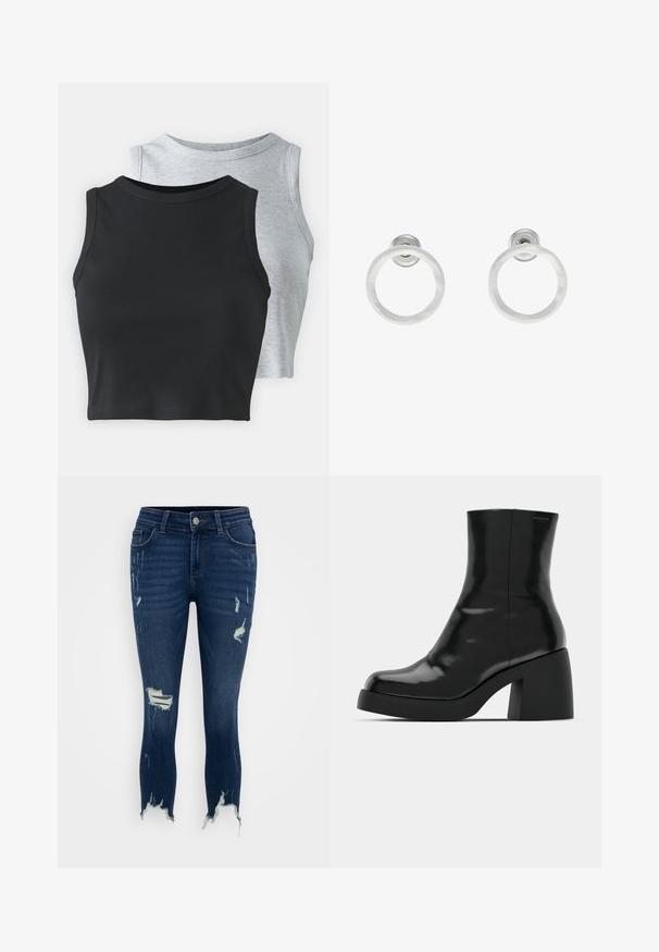 Even&Odd Petite 2 PACK - Viršus - light grey/black; Tamsiai mėlynos, nusidėvėjusios džinsinės kelnės su siauru siluetu, turinčios suplėšytus kraštus ir daugybę ištraukų priekyje, suteikiančių šiam drabužiui šiurkštų išvaizdą.; Juodi kulkšniniai batai su blizgiu paviršiumi, kvadratiniu pirštu ir storu blokiniu kulnu. Dizainas pasižymi be siūlių siluetu ir minimalia ženklinimo. ; Sidabriniai metaliniai auskarai žiedų pavidalu su šveitimo tekstūra, turintys apvalų dizainą ir skaidrų laikiklį saugiam dėvėjimui.