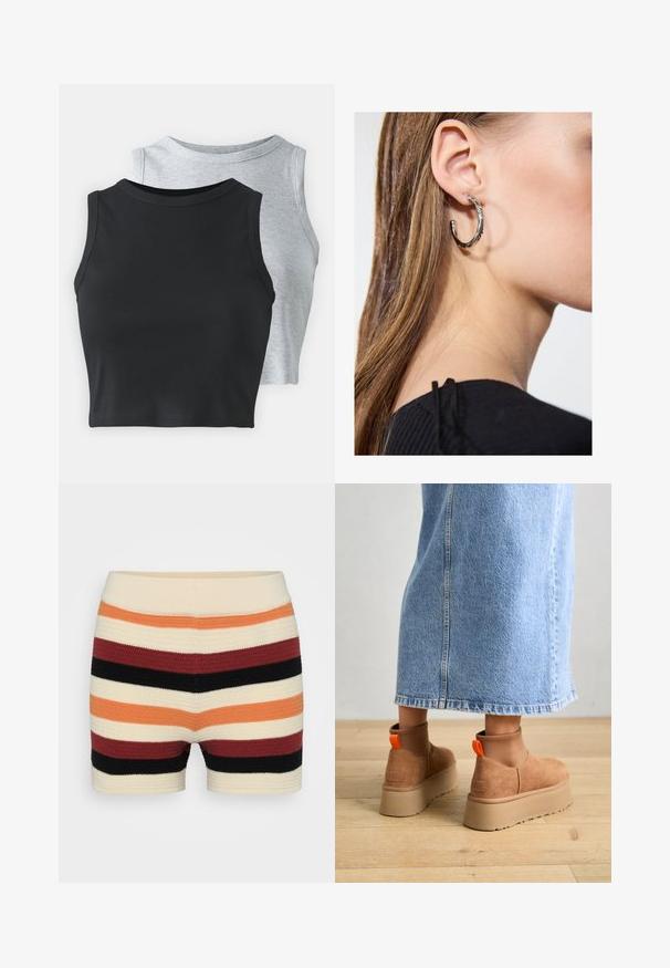 Even&Odd Petite 2 PACK - Top - light grey/black; Knit shorts featuring horizontal stripes in cream, orange, red, black, and burgundy, with a soft texture and a fitted waistband.; Brown suede platform boots with elastic side panels and orange pull tabs, paired with a knee-length light denim skirt on a wooden floor.; Silver hoop earring with a polished finish, featuring small gold accent details and a round shape, worn on the lobe.