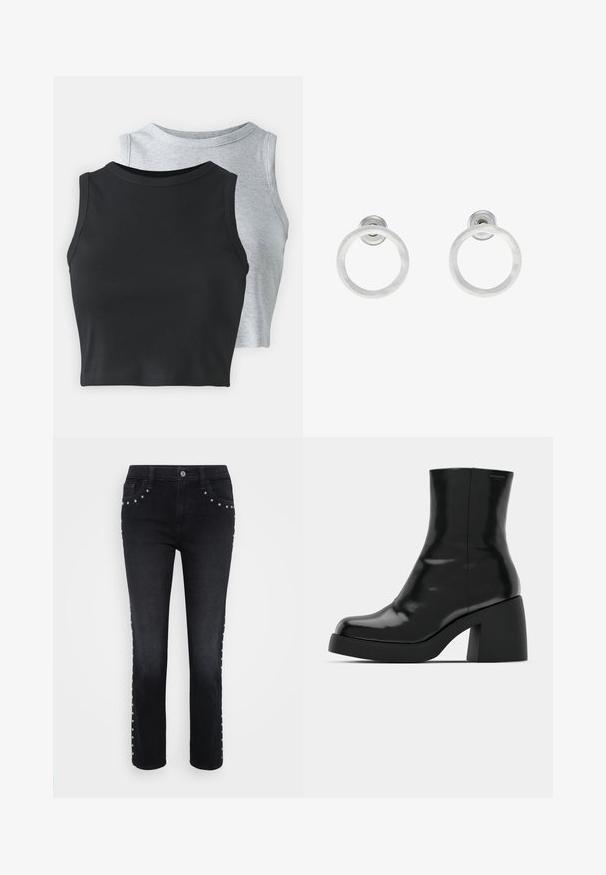 Even&Odd Petite 2 PACK - Tops - light grey/black; Melnas denimu bikses ar taisnu griezumu, kas rotātas ar kniedēm gar kabatām un sānu šuvēm. Klasisks piecu kabatu dizains.; Melnas potītes zābaku ar spīdīgu apdari, kvadrātveida pirkstu un biezu bloku papēdi. Dizainā ir bezšuvju siluets un minimāla zīmola identitāte.; Sudraba metāla gredzenveida auskari ar matētu faktūru, ar apaļu dizainu un caurspīdīgu aizdari, lai nodrošinātu drošu valkāšanu.