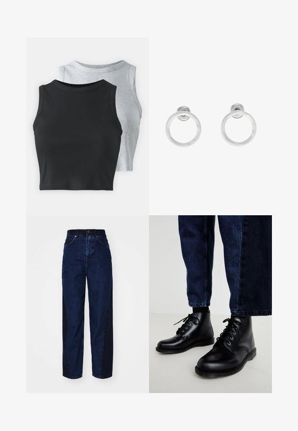 Even&Odd Petite 2 PACK - Viršus - light grey/black; Tamsiai mėlynos džinsinės kelnės su laisvu siluetu, su kontrastinga tamsesne šonine juosta, penkiomis kišenėmis ir mygtukų užsegimu.; Juodos odinės aulinukės su apvaliais pirštais, su raiščiais ir metaliniais akių laukeliais. Dėvimos su tamsiai mėlynomis džinsinėmis kelnėmis, turinčiomis tiesų siluetą.; Sidabriniai metaliniai auskarai žiedų pavidalu su šveitimo tekstūra, turintys apvalų dizainą ir skaidrų laikiklį saugiam dėvėjimui.