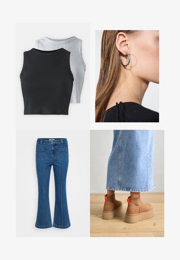 Even&Odd Petite 2 PACK - Linne - light grey/black; Blå denimbyxor med hög midja, framfickor, sömmar längs benen och en lätt utsvängning vid anklarna.; Bruna mockakängor med plattform och elastiska sidopaneler samt orange dragflikar, till kombinerade med en knälång ljus denimkjol på ett trägolv.; Silverörhänge med polerad yta, med små detaljer i guld och rund form, bärs på loben.
