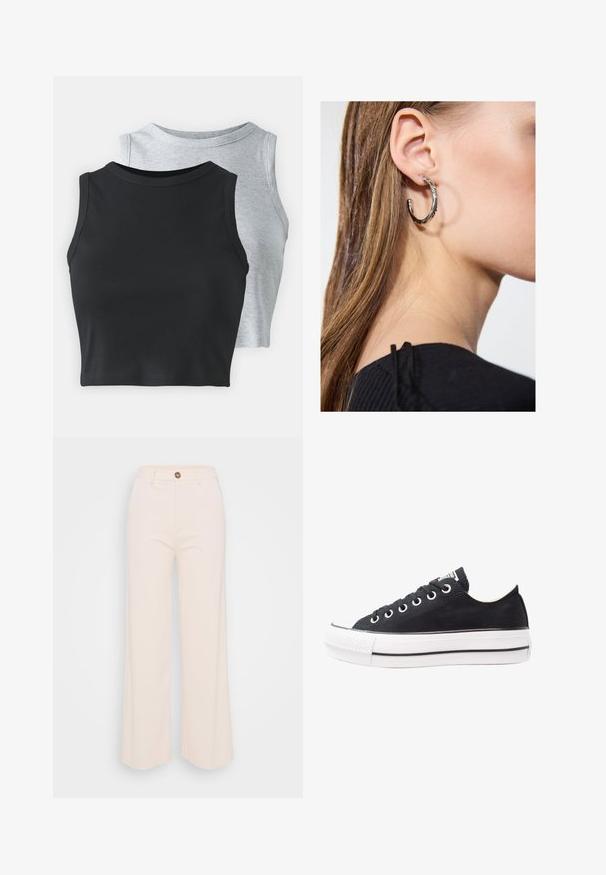 Even&Odd Petite 2 PACK - Top - light grey/black; Calças de perna larga em tecido creme suave, com uma cintura alta, fecho de botão único e detalhes de costura mínimos.; Sapatilha preta de lona com sola de borracha branca, bico redondo, design de cano baixo, ilhós de metal e bico texturizado. Tira preta fina ao longo da sola.; Brinco de argola prateada com acabamento polido, apresentando pequenos detalhes em dourado e uma forma redonda, usado na orelha.