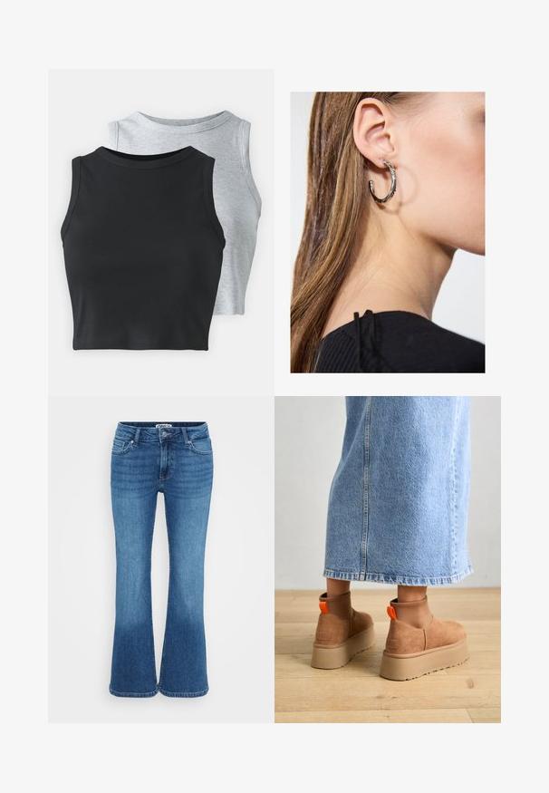 Even&Odd Petite 2 PACK - Toppi - light grey/black; Siniset leveälahkeiset farkut, jotka on valmistettu denimmistä. Farkuissa on keski-korkea vyötärö, viisi taskua ja hieman haalistunut pinta, joka tuo rentoa tyyliä.; Ruske mokasine z platformo in elastiko na straneh ter oranžnimi zategovalnimi trakovi, v kombinaciji z osnovno dolžino svetle denim krila na lesenem podu.; Hopea renkaankorvakoru kiiltävällä pinnalla, jossa on pieniä kultaisia yksityiskohtia ja pyöreä muoto, käytetty korvalla.