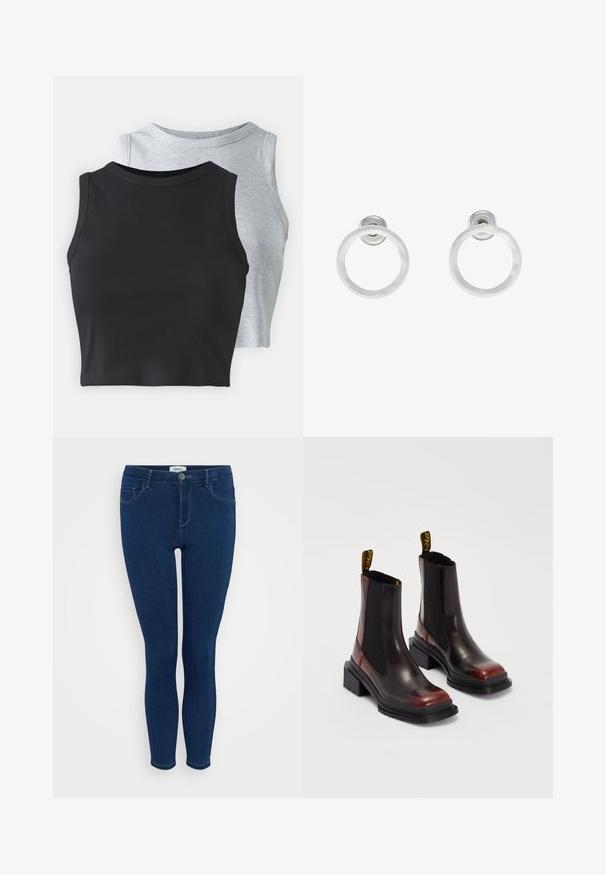 Even&Odd Petite 2 PACK - Top - light grey/black; Temno modre skinny kavbojke iz denima, ki imajo klasičen dizajn s petimi žepi in sprednjim gumbom za zapiranje. Gladka tekstura z minimalnim šivom.; Dr. Martens MAYBOLE CHELSEA - Gležnjarji s platformo - black/cherry red; Srebrni kovinski obročasti uhani z brušenjem, s krožno obliko in prozornim zatičem za varno nošenje.