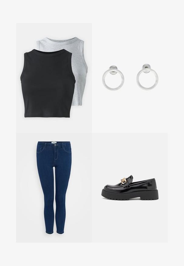 Even&Odd Petite 2 PACK - Top - light grey/black; Tamno plave uske traperice od denima, s klasičnim dizajnom s pet džepova i prednjim zatvaranjem na dugme. Glatka tekstura s minimalnim šavovima.; Crne lakirane kožne mokasine sa debelim crnim potplatom i detaljima od zlata. Glatka tekstura i dizajn okruglog vrha.; Srebrne metalne naušnice u obliku prstena s brušenom teksturom, s kružnim dizajnom i prozirnom vrstom kopče za sigurno nošenje.