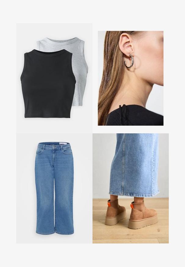 Even&Odd Petite 2 PACK - Top - light grey/black; Svetlo modre široke kavbojke z visoko pasu, petimi žepi in subtilno teksturo blaga. Imajo zanke za pas in kovinsko gumbasto zapiranje.; Rjave suede platform čizme z elastičnimi stranskimi paneli in oranžnimi zankami, v kombinaciji s svetlobno denim krilom do kolen na lesenem tleh.; Srebrna obročasta uhana s polirano površino, ki vključuje majhne zlate poudarke in okroglo obliko, nošena na ušesnem lobu.