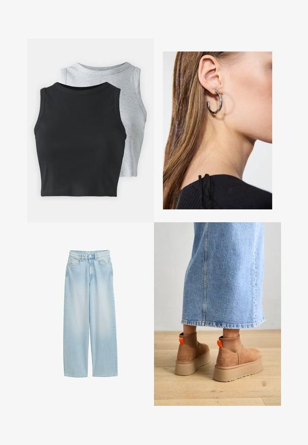 Even&Odd Petite 2 PACK - Top - light grey/black; Svijetloplavi trapericama širokih nogavica, izrađeni od denima, sa visokim strukom, prednjim džepovima, zatvaranjem na gumb i klasičnim detaljima šavova.; Smeđe suede platform čizme s elastičnim bočnim panelima i narančastim vučnim trakama, uparenim s suknjom od svijetlog denima do koljena na drvenom podu.; Srebrna kružna naušnica s poliranim završetkom, koja ima male zlatne detalje i okrugli oblik, nošena na uhu.