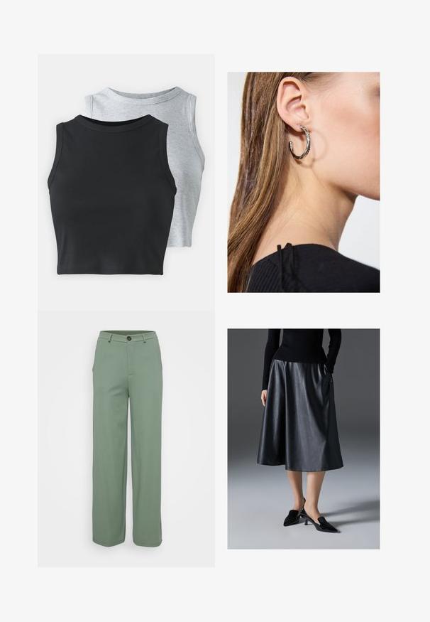 Even&Odd Petite 2 PACK - Top - light grey/black; Kalhoty s širokými nohavicemi z jemného zeleného materiálu s hladkým povrchem. Mají přední zapínání na knoflík a dvě boční kapsy.; Černá kožená midi sukně s hladkým povrchem; má pásek a boční kapsy. Kombinováno s lesklými černými botami na podpatku.; Stříbrný kruhový náušník s lesklým povrchem, zdobený malými zlatými akcenty, v kulatém tvaru, nošený na lalůčku.
