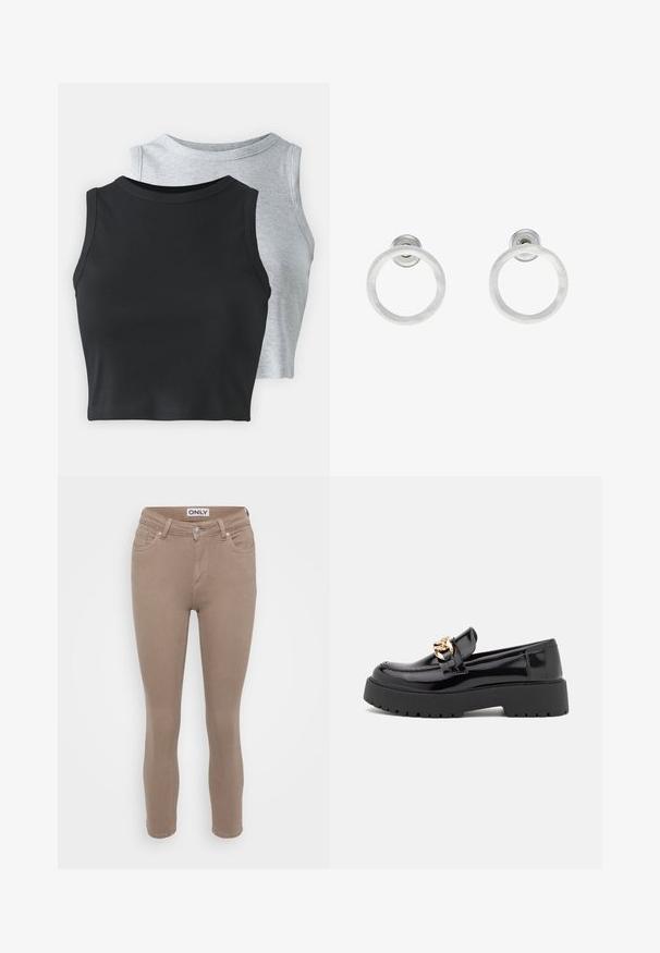 Even&Odd Petite 2 PACK - Topp - light grey/black; Beez värvi kitsad teksad, mis on valmistatud puuvillase segu kangast, sisaldavad viit taskut, vöökonse ja ees olevat lukku. Üksne tekstuur kogu ulatuses.; Mustad musta läikiva nahaga loaferid, millel on jäme must tald ja kuldsed detailid. Sujuv tekstuur ja ümar varvaste disain.; Hõbedased metallist rõngastooted, millel on harjatud tekstuur, ümmargune disain ja selge tagumine post, tagamaks kindlat kandmist.