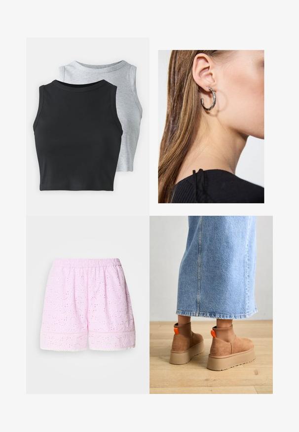 Even&Odd Petite 2 PACK - Topper - light grey/black; Rosa bomullsshorts med broderi av blomstermotiver, elastisk linning og blonder på kanten. Lett og pustende stoff.; Brune semska plattformstøvler med elastiske sidepaneler og orange rekkehalser, parret med en knelange lys denimskjørt på et tregulv.; Sølv ringøredob med en polert finish, med små gull detaljer og en rund form, båret på øreflippen.