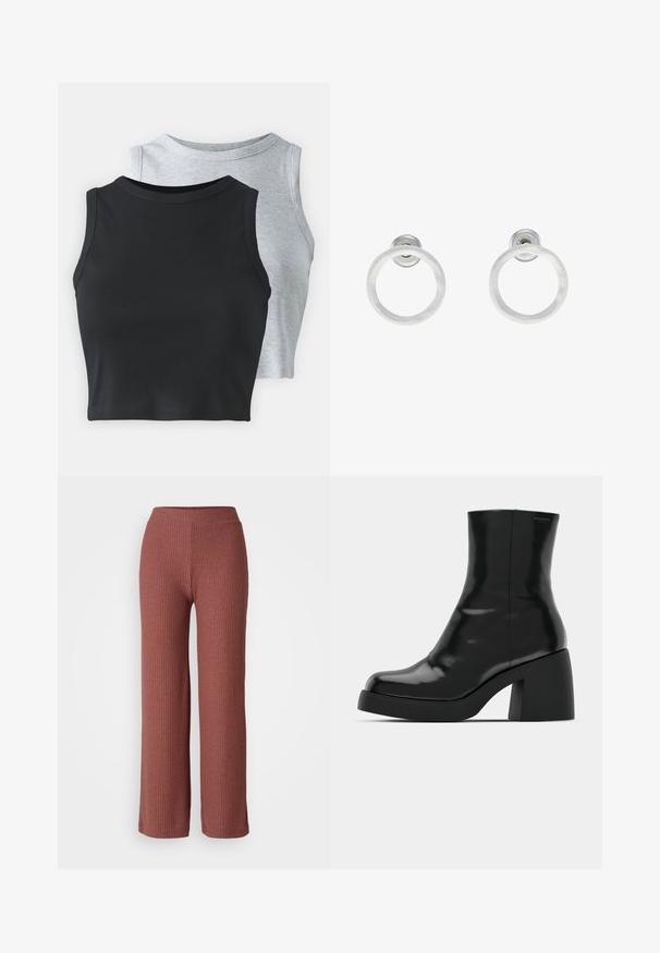 Even&Odd Petite 2 PACK - Débardeur - light grey/black; Pantalons larges côtelés en rose poussiéreux avec une taille élastique, présentant une texture douce et une silhouette droite.; Bottines noires à finition brillante, bout carré et épais talon bloc. Le design présente une silhouette homogène et un branding minimal.; Boucles d'oreilles en métal argenté avec une texture brossée, présentant un design circulaire et un fermoir transparent pour un port sécurisé.