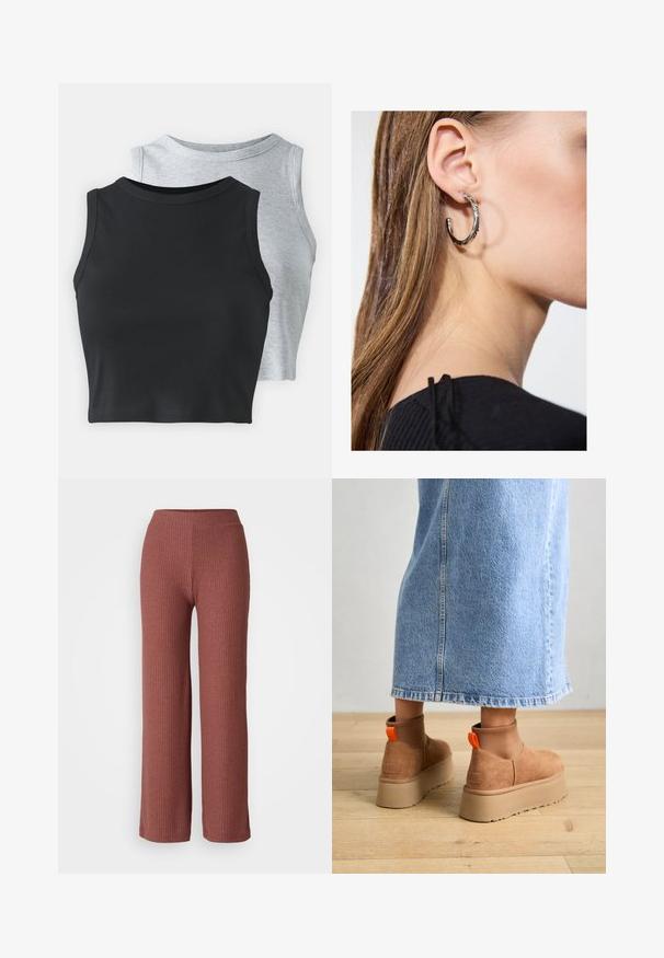 Even&Odd Petite - Top; Żebrowane spodnie z szerokimi nogawkami w kolorze przykurzonego różu z elastycznym paskiem w talii, charakteryzujące się miękką teksturą i prostym krojem.; Brązowe zamszowe buty na platformie z elastycznymi bokami i pomarańczowymi uchwytami, w połączeniu z jasnoniebieską spódnicą do kolan na drewnianej podłodze.; Srebrny kolczyk w kształcie koła z polerowanym wykończeniem, z małymi złotymi akcentami, noszony na płatku ucha.