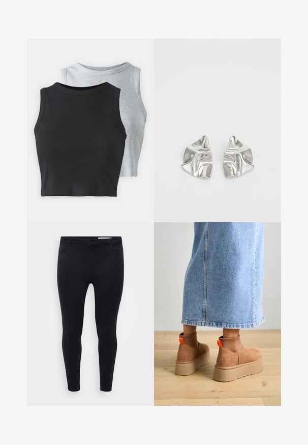 Even&Odd Petite 2 PACK - Top - light grey/black; Zwarte slim-fit jeans van rekbare denim, met een sluiting aan de voorkant met een knoop, riemlussen en vijf zakken met een gladde textuur.; Bruine suède platformlaarzen met elastische zijkanten en oranje trekbandjes, gecombineerd met een lichtdenim rok tot de knie op een houten vloer.; Zilveren metalen oorbellen met een golvend, sculpturaal ontwerp, voorzien van een gepolijste afwerking en onregelmatige vormen, die een hedendaagse esthetiek benadrukken.