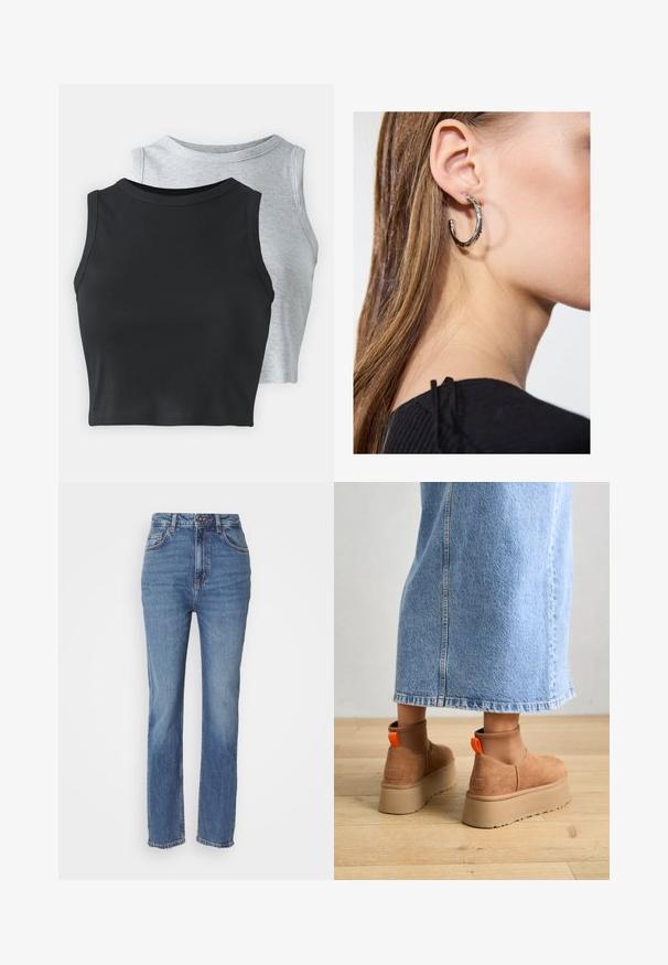 Even&Odd Petite 2 PACK - Top - light grey/black; Traperice plave boje visokog struka s ravnim fitom, sa suptilnim blijeđenjem, klasičnim dizajnom s pet džepova i kopčanjem na dugme.; Smeđe suede platform čizme s elastičnim bočnim panelima i narančastim vučnim trakama, uparenim s suknjom od svijetlog denima do koljena na drvenom podu.; Srebrna kružna naušnica s poliranim završetkom, koja ima male zlatne detalje i okrugli oblik, nošena na uhu.