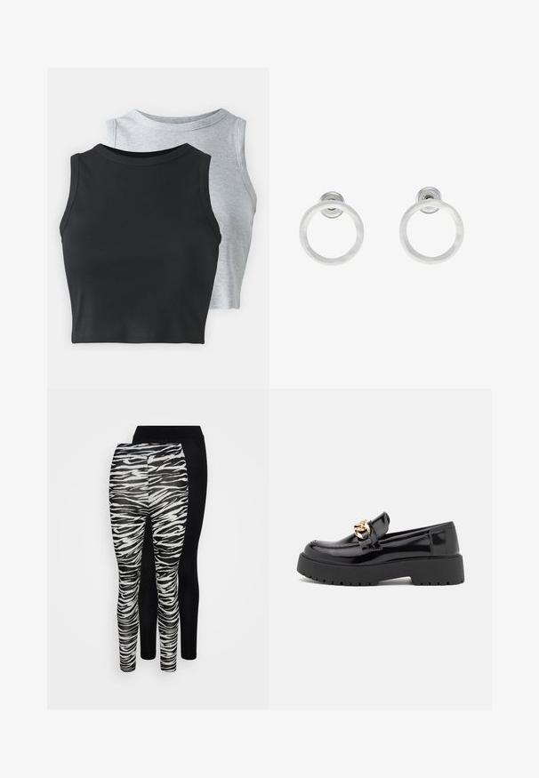 Even&Odd Petite 2 PACK - Viršus - light grey/black; Dvi kelnes: vienos su juodai balta žirafos juostelių raštu, kitos - vientisos juodos. Minkšta, tampri medžiaga, prigludęs dizainas.; Juodi patentiniai odiniai loaferiai su masyviu juodu padu ir auksiniais detalėmis. Lygus paviršius ir apvalus pirštų dizainas.; Sidabriniai metaliniai auskarai žiedų pavidalu su šveitimo tekstūra, turintys apvalų dizainą ir skaidrų laikiklį saugiam dėvėjimui.