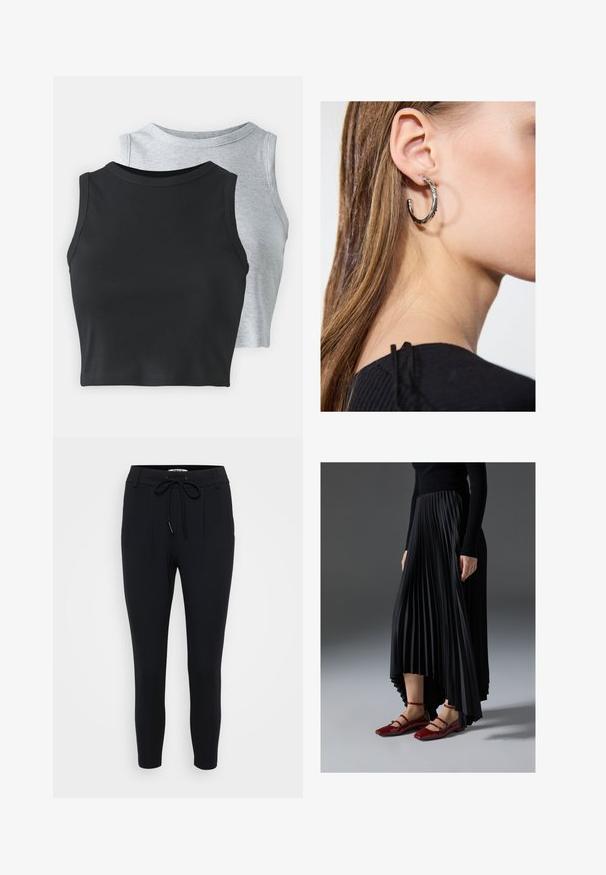 Even&Odd Petite 2 PACK - Top - light grey/black; Black tapered pants made of stretchy fabric, featuring a drawstring waist, two front pleats, and a smooth texture.; Black pleated skirt with a high-low hem, paired with glossy red flats featuring a strap design. The fabric has a smooth texture.; Silver hoop earring with a polished finish, featuring small gold accent details and a round shape, worn on the lobe.