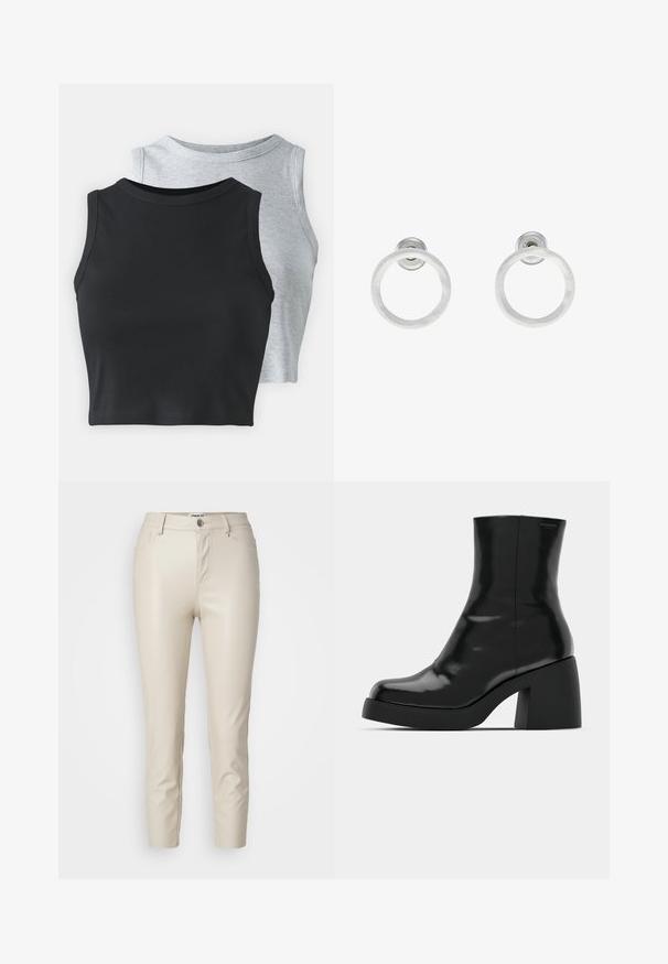 Even&Odd Petite 2 PACK - Top - light grey/black; Béžové nohavice z imitácie kože so slim fit strihom, prednými vreckami a gombíkovým zapínaním, s hladkou textúrou a zúženými nohavicami.; Čierne členkové topánky s lesklým povrchom, štvorcovou špičkou a širokým blokovým opätkom. Dizajn sa vyznačuje bezšvovou siluetou a minimálnym brandingom.; Strieborné kovové náušnice vo forme kruhov s brúsenou textúrou, so zaobleným dizajnom a priehľadným zarážkou pre bezpečné nosenie.