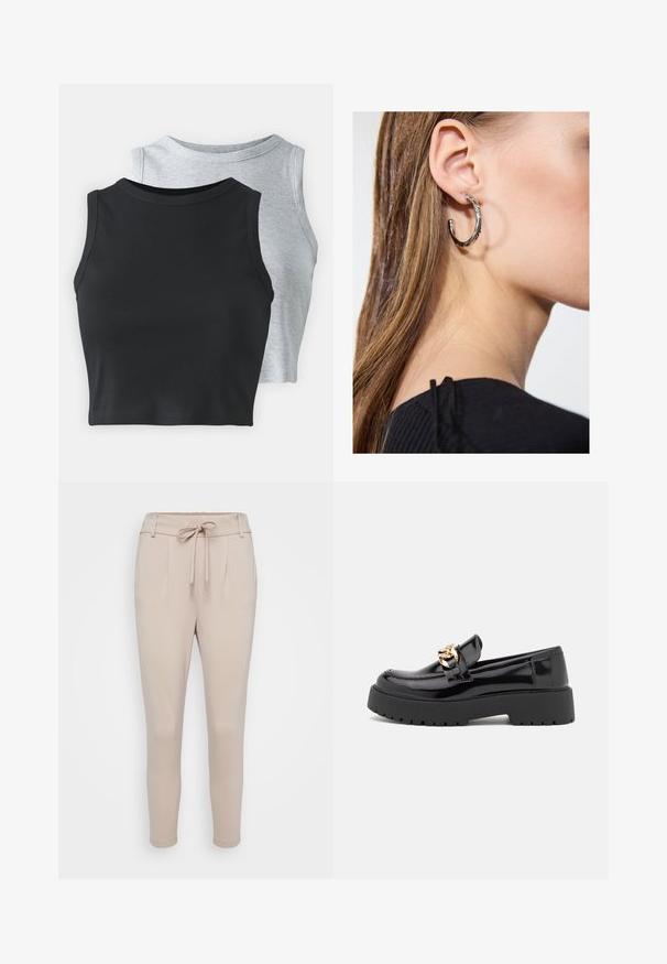 Even&Odd Petite 2 PACK - Topper - light grey/black; Beige bukser laget av myk stoff, med snor i midjen, frontfalter og avsmalnende ben. Glatt tekstur uten synlige mønstre.; Sorte lakkert skinnloafer med en kraftig svart såle og detaljer i gull. Glatt tekstur og avrundet tådesign.; Sølv ringøredob med en polert finish, med små gull detaljer og en rund form, båret på øreflippen.